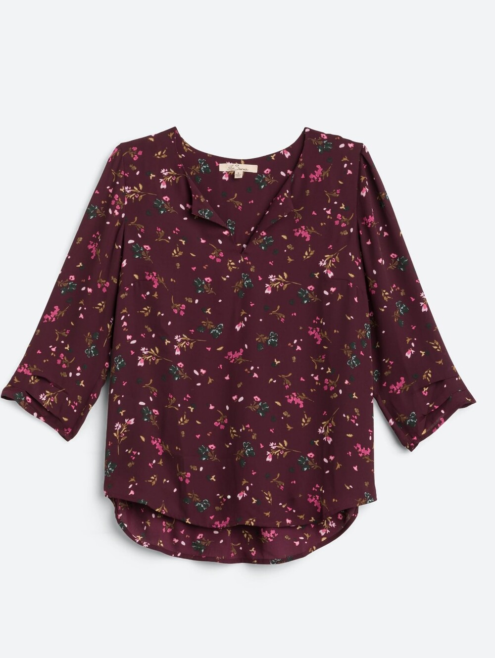 Floral Split-Neck Blouse, 3/4 Length, Burgundy - Size Small